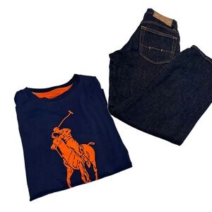 Polo Ralph Lauren Boys Outfit Jeans & Long Sleeve Navy Shirt Big Pony Sz 10-12
